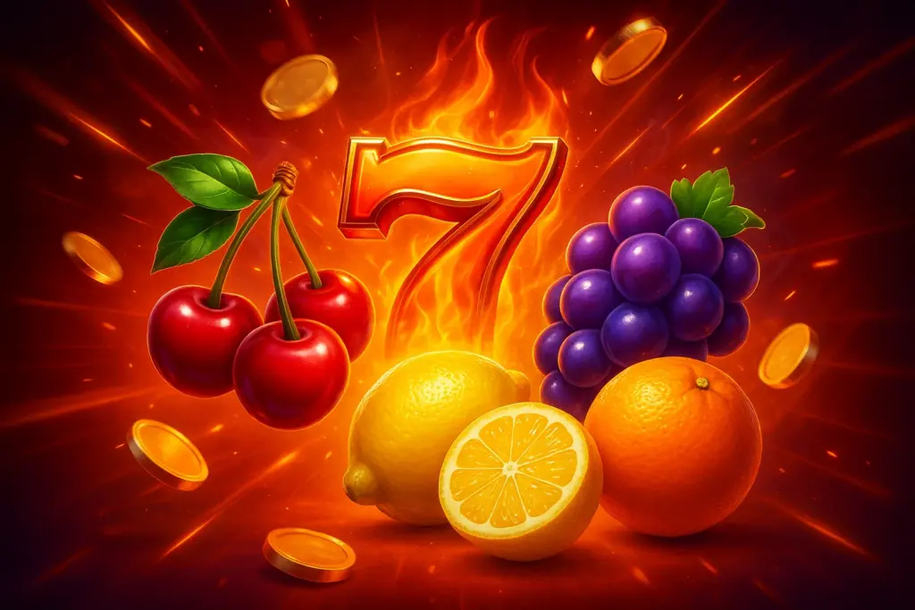 Glory Casino Bangladesh fiery number seven surrounded by cherries, grapes, lemon, and orange with flying golden coins
