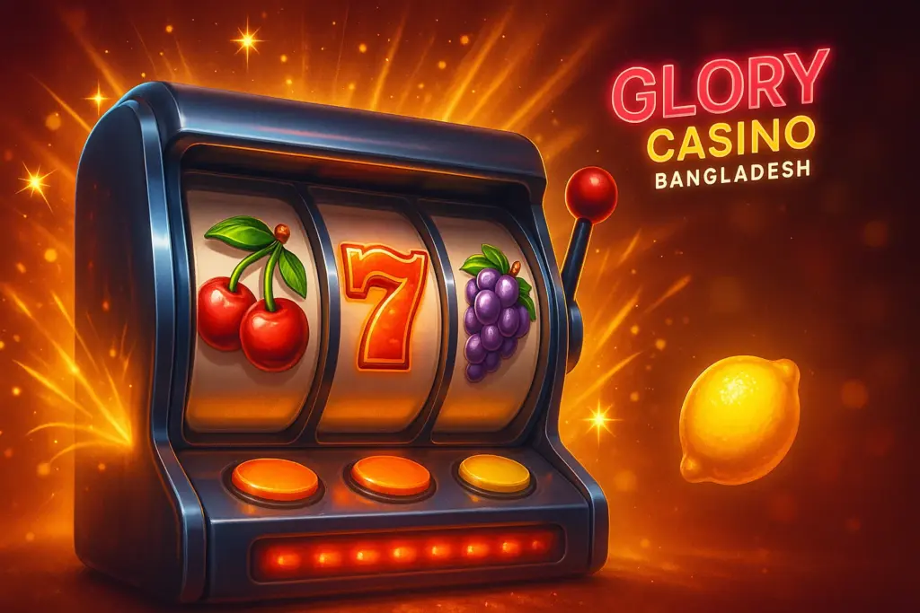 Glory Casino Bangladesh slot machine with cherries, orange, lemon, and burning number seven, surrounded by glowing golden lights